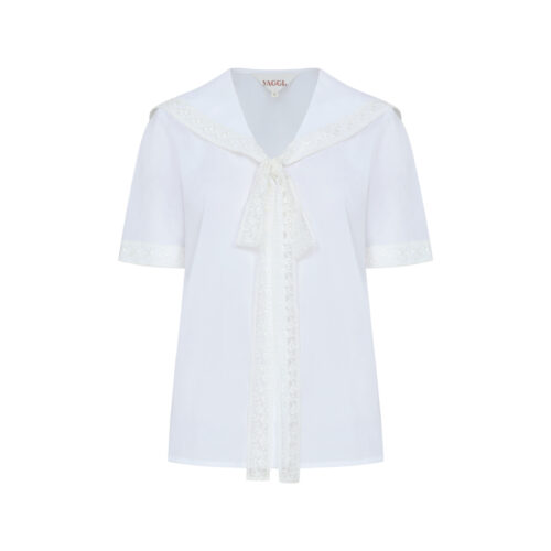 #123 Lace Detailed Sailor Collar Blouse (White)
