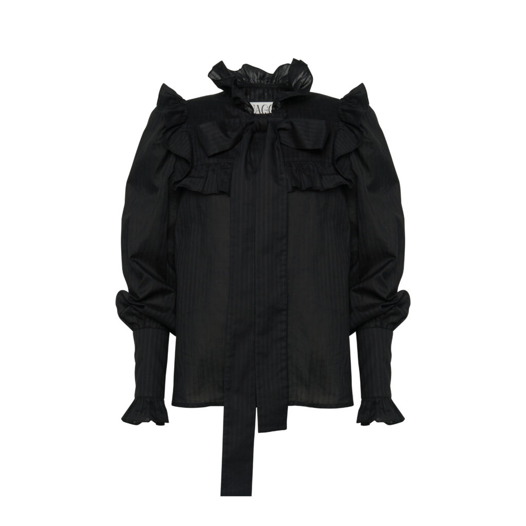 #102 Kate's Ruffle Bow Blouse (Black Stripe)
