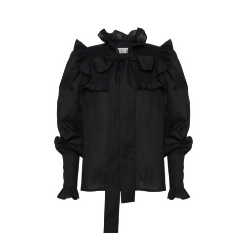#102 Kate's Ruffle Bow Blouse (Black Stripe)
