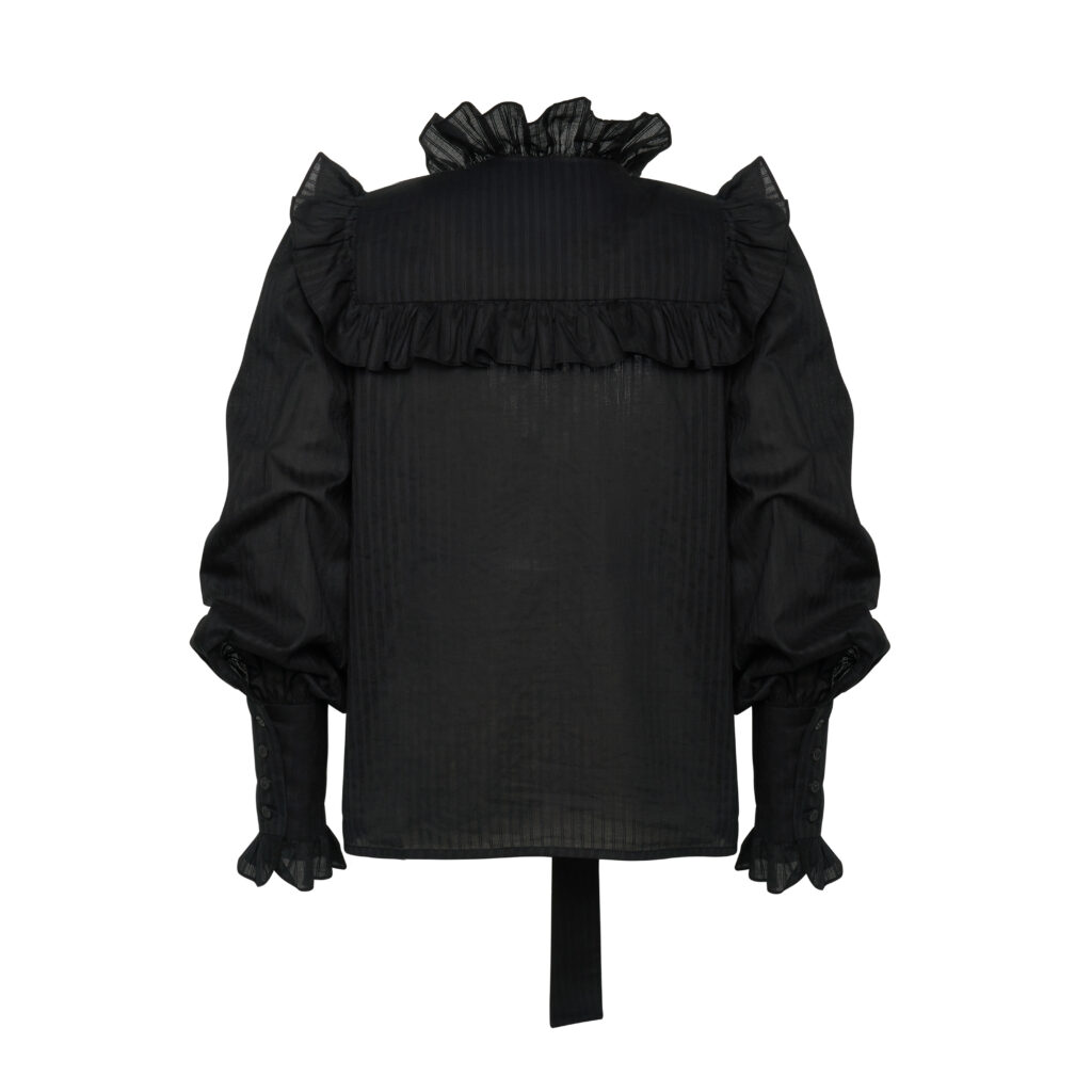 #102 Kate's Ruffle Bow Blouse (Black Stripe)