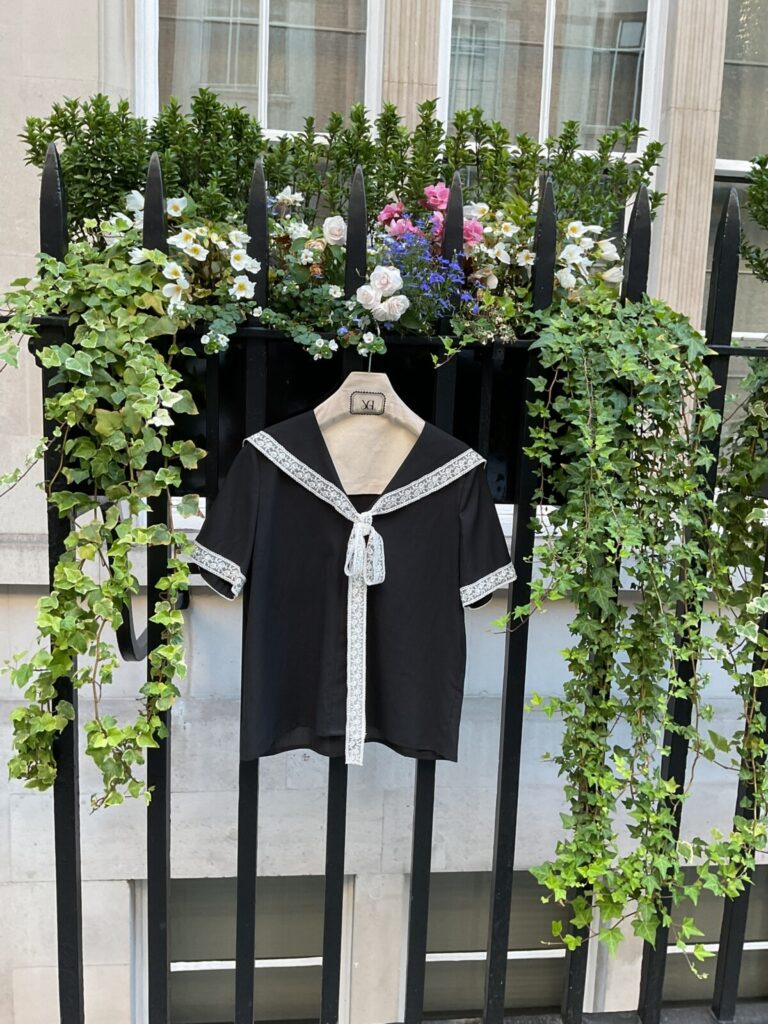 #123.1 Lace Detailed Sailor Collar Blouse (Black)