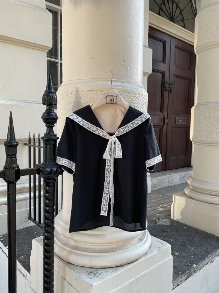 #123.1 Lace Detailed Sailor Collar Blouse (Black)