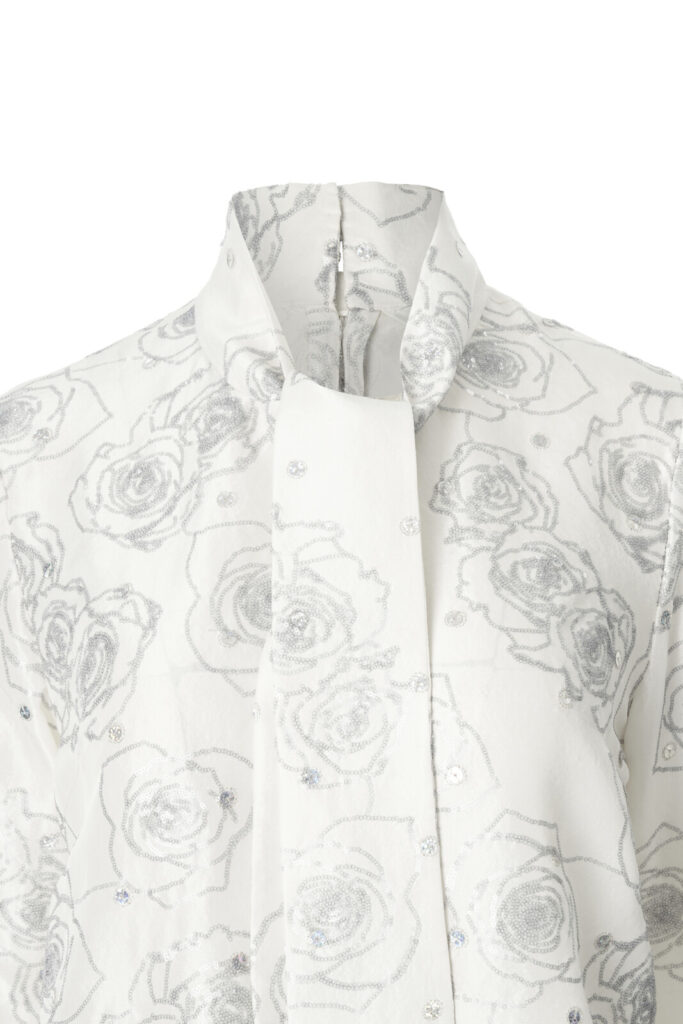#1411. Champagne Silk Bow Blouse (Rose Sequin)